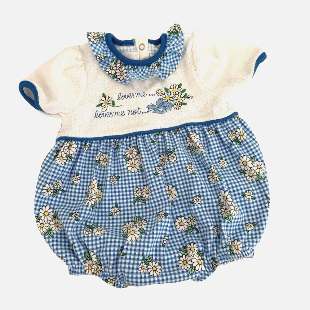 Vtg 90s Healthtex Baby Girls 6-9M Bubble Romper Daisy Flower Blue Gingham USA